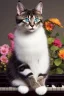 Placeholder: A young beautiful cat, portrait, is sitting on a piano, with some flowers around.