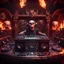 Placeholder: DJ of the damnded, insanely detailed DJ booth in hell, MID set, speakers and equipment made of bone, anatomically correct, add more skulls in th audience, photorealism, vray, 8k 3d