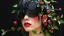 Placeholder: "woman, messy black hair, made of shiny texture, sunglasses on head, red blush, blindfolded, half grin, vine design, raspberry, surreal, futuristic, black outdoor background, peach skin, leafy textures, shiny plastic, organic aesthetic, rose red hue, green leaves, alien design, mutant structure, red mouth, bizarre aesthetic"