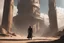 Placeholder: gunslinger walking towards a large tower in a sci-fi world