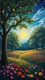 Placeholder: Garden of Eden, trees with hanging stars lights, a beautiful colorful flowers field with a beautiful suny sky , all oil painted picture with a beautiful dark blue high quality picture