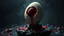 Placeholder: In a surreal dreamscape, fried egg with dark red center on black marble rock-like statute. The dark deep colors of the surrounding environment cast dramatic shadows, red droplets around egg , The dreamlike atmosphere is charged with a subtle thriller vibe, as the egg seems to pulse with a mysterious life force.