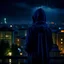 Placeholder: girl in a raincoat, viewed from behind, watching the empty city, at midnight, dark grey colours, rainy, atmospheric, photo quality