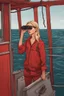 Placeholder: 23 years old girl, with blond hair and a messy bun. standing on in a red boat, wearing red clothes and looking trough binoculars watching something in the middle of the sea. You see the whole boat. You see the gril in front. It's a ferry. Wes anderson style. In front. Sarcastic vibe. Old school interior. she stands in the kitchen of the boat