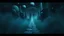 Placeholder: passage over nothingness, surreal, dark and cold abstract artwork dominated by deep blue, icy cyan, charcoal black and muted steel-grey tones. An narrow passageway emerges from an abstract distorted weird landscape, surrounded by thick fog and drifting mist. The space feels nightmare, alien and unsettling, with floating circles and balls geometric forms, fragmented architecture, perspective. At the center of the composition cracked stone way over abyss