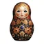 Placeholder: draw matryoshka dolls, the matryoshka is smiling, the kind sweet face of the matryoshka doll, behind the matryoshka Russian patterns in the style of Khokhloma, Khokhloma with gold and black flowers, in the hands of matryoshka blueberries