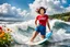 Placeholder: beautiful girl supper model, in nice red top ,blue short pants, with curvy hair,perfect face,perfect eyes,Surfing in huge wave,water with splash,country side wavy narrow river ,wild flowers ,blue sky nice clouds