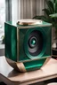 Placeholder: a home SPEAKER with a screen and it is made of a emerald in the style of art deco on a coffee table