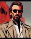 Placeholder: hans gruber wearing a trench coat and red sunglasses staring with a judgmental look on his face