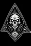 Placeholder: rat fink skeleton in a black hooded cloak drawn in a retro mascot style, inside a light diamond shape on a black background, monochromatic