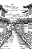 Placeholder: japan's old street behind a river,Line Drawing, A classic black-and-white line drawing style with intricate details and clean lines. The streets are depicted with precision, capturing the architectural diversity . The drawing will be realized as a traditional pen and ink illustration, with fine-tipped pens used for precise linework and shading