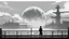 Placeholder: giant half transparent moon, glitchy, blurry, mechanical, sci-fi, maximum quality, centered on frame, far view, seasidel, white sky with cumulonimbus, anime, makoto shinkai style, japanese pier, rusty, decrepit, foggy, grayscale