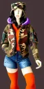 Placeholder: Brunette woman in her 30's. thick thighs, thick calves, flat belly, wide hip. Mantle is sewed of recycled Denim and sewed together of camouflage pieces. (Printed camouflage figures are orange,terracotta, cream and purple). It is with big bright purple felt tippet and cream-colored-hood. mantle is merged with satchel. . AKG-style headphones (gold rings!) is merged with small felt cap with small visor. Style: Haute Couture in 1936, Paris fashion in 2023, inspired by street art. Cream latex gaiter