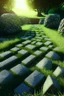 Placeholder: brilliant raytraced stone labyrinth with green grass, 4k, nvidia graphics, volumetric light, depth of field, autumn