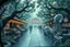 Placeholder: Intergalactic city market in jungle branches with furry robots, and transparent squids. Seen from dirty glass window of futuristic vehicle. In the style of Escher