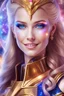 Placeholder: cosmic woman smile, admiral from the future, one fine whole face, crystalline skin, expressive blue eyes,rainbow, smiling lips, very nice smile, costume pleiadian, Beautiful tall woman pleiadian Galactic commander, ship, perfect datailed golden galactic suit, high rank, long blond hair, hand whit five perfect detailed finger, amazing big blue eyes, smilling mouth, high drfinition lips, cosmic happiness, bright colors, blue, pink, gold, jewels, realist, high commander