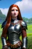 Placeholder: hyper realist, hyper detailed, stunningly beautiful teen woman, long ginger hair, green eyes, medium freckles, full lips, skimpy fantasy intricate leather armour, full body and head, c-cup breasts, shocked expression, centred camera, full frame, petite, centered camera