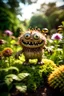 Placeholder: Small monster, cute, smiling, full body, daytime, hyperrealism, portrait, beautiful flower garden background, candid photojournalism, sharp bokeh, grainy realistic, warm dappled lighting, low focus field Depth, 16mm film quality with grain, Pantone analog style, rim lighting, perfect tones, sharp fine details, highly detailed,