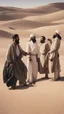 Placeholder: A picture of ten men, in the desert, in old Arab dress, with black hair and a thick beard, talking to each other.