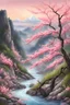 Placeholder: Pantone color, pink, low saturation, spring and summer theme, halfway up the mountainside, peach blossoms in full bloom, willow branches caressing on the shore, sparkling in the stream, ultra HD, delicate and detailed, 优雅的 美丽的 数字绘画 高细节 动态照明 逼真的 超详细 获奖摄影 亚克力艺术 很有魅力 现实主义 新艺术 水彩拼布 立体感 高分辨率 品质清脆 摄影风格
