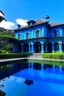 Placeholder: blue mansion with a huge infinity pool and garden