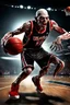 Placeholder: a photorealistic 12k ultra-high-definition rendering of an attractive but mean and cool looking zombie, upclose captured in a dynamic action shot dunking the ball, Wearing a red and white skinny NBA shirt with nail scratch marks, a cool usa sweatband, trendy basketball sneakers, black tights, product photography focus, an explosive and dark background