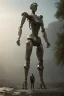 Placeholder: Human standing and looking at a robot, sci-fi fantasy style, volumetric lighting, particales,highly detailed,cinamatic, deep colours,8k.