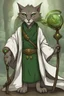 Placeholder: Male khajiit with grey fur and Hazel eyes wearing a emerald green robes in a fantasy setting, sorcerer of life