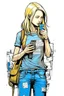 Placeholder: girl, blonde, , , holding a cellphone, comic book art style, geek, engineer, t-shirt, jeans, drug addict, ,