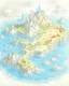 Placeholder: A fantasy map of an island with 3 different climates; desert, snow and forest. Include a mountain in the snow climate and a lake in the middle of the island. Pencil style drawing