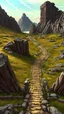Placeholder: "Generate an immersive video game-style 3D image featuring a liminal pathway winding along a majestic mountain, culminating in a dramatic cliff edge: Picture a rugged landscape with towering peaks and sweeping vistas, rendered with vibrant textures and dynamic lighting effects. Construct the pathway to weave through rocky terrain, lined with hardy vegetation and occasional signs of ancient ruins or forgotten structures.
