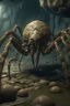 Placeholder: A huge, scary monster spider that people are afraid of, as it secretes mucus from its mouth to catch its prey. It is surrounded by rocks and skulls and a huge spider web in a wonderful cinematic scene.