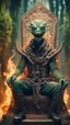 Placeholder: framed book cover illustration, close up portrait of a happy blessed ancient magical scaly slimy weird alien mad max soldier posing for photo shoot on a throne, holding a burning sceptre, in a space alien mega structure with stairs and bridges woven into a sacred geometry knitted tapestry in the middle of lush magic forest, bokeh like f/0.8, tilt-shift lens 8k, high detail, smooth render, down-light, unreal engine, prize winning