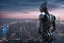 Placeholder: Humanoid robot looking out over an alien city skyline at dusk