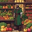 Placeholder: [psychedelic pixel illustration by Jannell Jaquays with Solstice colour palette] the medieval framer merchant stands in front of his farmstand, full of fruits and vegetables