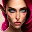 Placeholder: crystal clear blue eyes, and dark pink hair, teardrop shaped eyebrows, woman, angry expression, pointy ears, elf