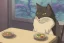 Placeholder: A cat with a hoodie is sitting at a table eating sushi. Perfect iris. Paws