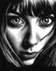 Placeholder: black and white, terrified woman, dark Brown eyes, close up, photorealism,