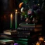 Placeholder: rave on books with flowers and lit candles dark moody art with browns green earthy tones, deep purples, hyper realistic maximalist concept art