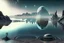 Placeholder: Alien landscape with one grey exoplanet in the horizon, pond, water reflection, rocky landscape, sci-fi