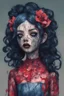 Placeholder: full body color, illustration of a darkblue and red tones, menacing, Singer Melanie Martinez face, as a decayed, broken, skin turned translucent, black veins that extended like roots beneath her skin, latex suit, crude homemade cloth doll toy, with a narrow cracked porcelain face, thick dark eyebrows, hair in two gradually, made from ragged strips of cloth, in the style of Alex Pardee, Tim Burton, and Nadya Sheremet