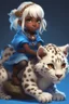 Placeholder: a cute eight-year-old female sorceress, dark skin, with straight snow white hair tied in a braid, blue eyes, riding on the back of a giant furry leopard cat