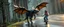 Placeholder: moose dragon rex with powerful wings in forest by the wet shiny road taking a bite of a young nerd on a scooter