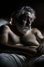 Placeholder: half figure shot photography, Sardinian shepherd man in dirty white boxer , relaxing on a sofa in darkness, 65 years old, bearded sweat chubby shirtless, manly chest, big belly, bulge, hands over the head, photorealistic, in the dark, midnight, dim side light, 35mm lens, dim lights, ambient occlusion