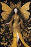 Placeholder: style of Yoshitaka Amano ~ Butterfly Empress, long huge flowing gold hair, yellow eyes. dressed in a cosmic gold plated Armor made of gold butterflies. standing in a room made of butterflies. surrealist. Shades of luminous black and yellow piercing shadow, reminiscent of Beuys and Qian Xuan.