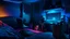 Placeholder: Dimly lit night time gaming room, with a messy bed and a single desk with a gaming PC, two monitors on the desk, gaming chair, bed is in the background under a window, the room is filled with neonlights, night time, atmospheric, detailed.