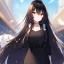 Placeholder: Clear focus,8k,Beatiful Lighting,Beatiful Shading,Detailed,black long hair,fluffy hair, long fluffy bangs, red eyes, wearing a black outfit with a short black skirt