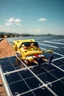 Placeholder: Spongebob lying on a solar panel, sunbathing, sunglasses on, in the distance, wide view, solar farm in the background