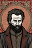 Placeholder: man, medieval, fighter, russian, croocked nose, czar, rich, simple clothes, short messy hair, thick beard, oligarch, leather coat with fur, brocade clothes, pencil drawing, black or red hair, muscles, background frame, 28 years old