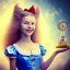 Placeholder: 3D close-up of a beautiful "Alice in the wonderland",ten years old, sarcastic smile, high contrast, glowing backlighting, blue and red backlighting, vibrant hair, dark brown eyes, sharp focus, high makeup, medium face painting, background blur.